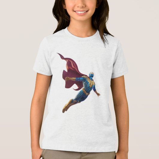 Futuristic Hero in Flight – Bold Sci-Fi Warrior Tri-Blend Shirt (Voorkant)