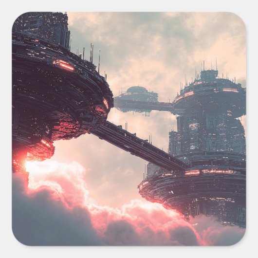 Futuristic platforms in the clouds at twilight vierkante sticker (Voorkant)