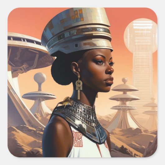 Futuristic Queen Afrofuturistic Science Fiction Vierkante Sticker (Voorkant)