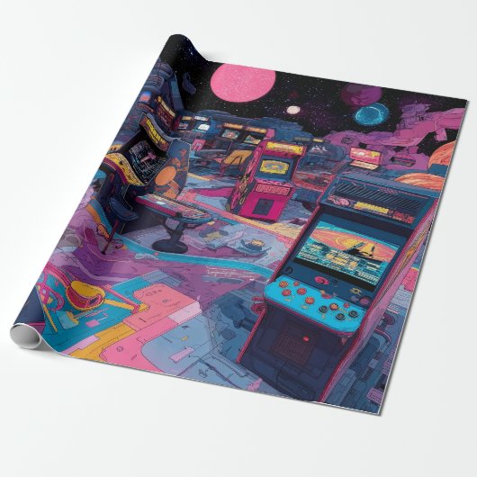 Futuristic Retro Arcade in Outer Space Cadeaupapier (Uitgerold)