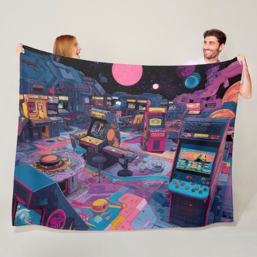 Futuristic Retro Arcade in Outer Space Fleece Deken (In situ)