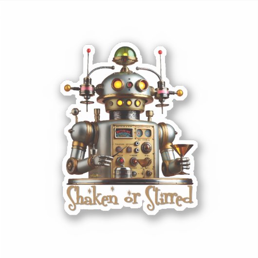 Futuristic Robot Bartender "Shaken or Stirred" Sticker (Voorkant)
