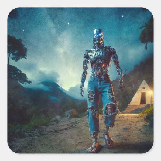 Futuristic Robot in Ancient Landscape Vierkante Sticker (Voorkant)