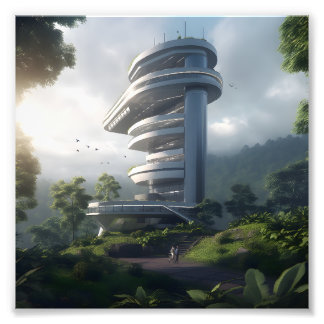 Futuristic skyscraper in the middle of the jungle foto afdruk