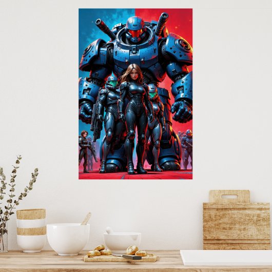 Futuristic soldiers and armored robot in a science poster (Keuken)