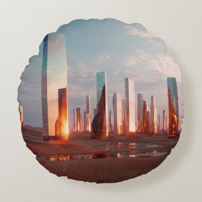 Futuristic Surreal Mirror Towers In Desert Rond Kussen (Voorkant)