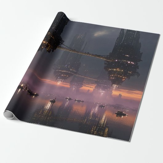 Futuristic towers floating above harbor cadeaupapier (Uitgerold)