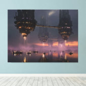 Futuristic towers floating above harbor canvas afdruk (Insitu (Houten vloer))