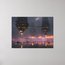 Futuristic towers floating above harbor