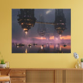 Futuristic towers floating above harbor canvas afdruk (Insitu (Woonkamer))