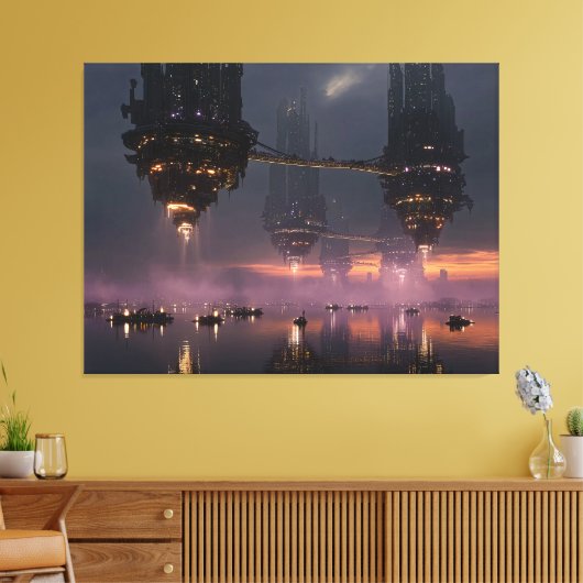 Futuristic towers floating above harbor canvas afdruk (Insitu (Woonkamer))