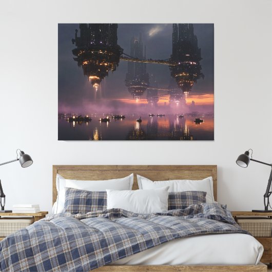 Futuristic towers floating above harbor canvas afdruk (Insitu (Slaapkamer))