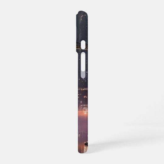 Futuristic towers floating above harbor iPhone 16 hoesje (Linkerkant)