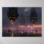 Futuristic towers floating above harbor poster (Voorkant)
