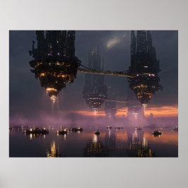 Futuristic towers floating above harbor poster
