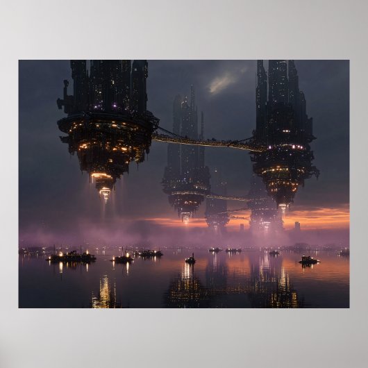 Futuristic towers floating above harbor poster (Voorkant)