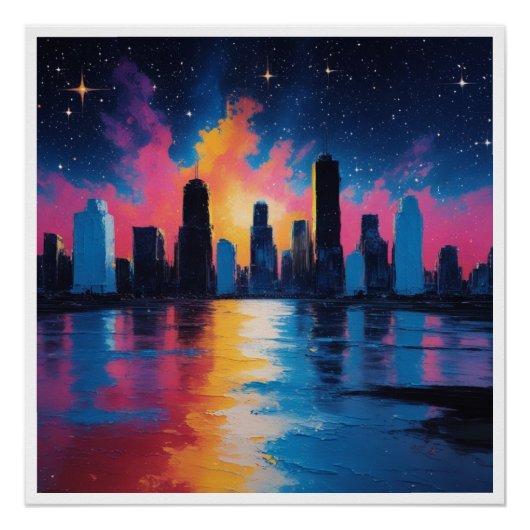 Futuristic Urban Skyline at Sunset Poster (Voorkant)