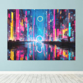 Futuristic Vibrant Neon Night Cityscape Canvas Afdruk (Insitu (Houten vloer))