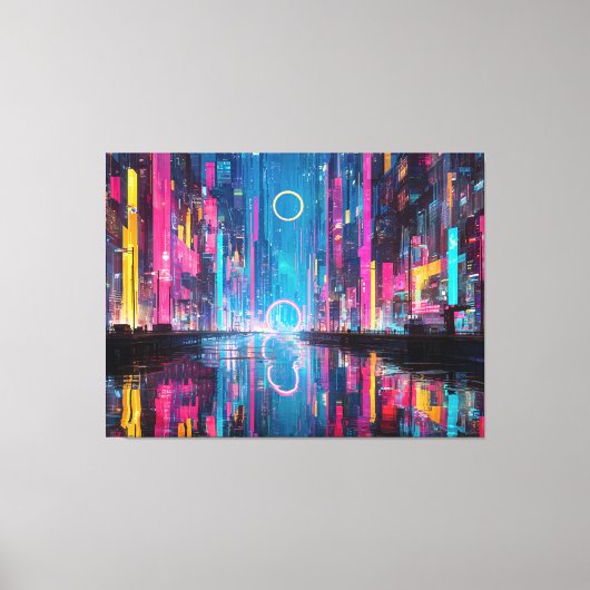 Futuristic Vibrant Neon Night Cityscape Canvas Afdruk (Voorkant)