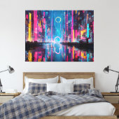 Futuristic Vibrant Neon Night Cityscape Canvas Afdruk (Insitu (Slaapkamer))