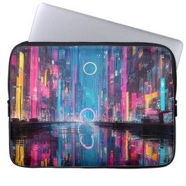 Futuristic Vibrant Neon Night Cityscape Laptop Sleeve