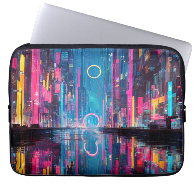 Futuristic Vibrant Neon Night Cityscape Laptop Sleeve (Voorkant)