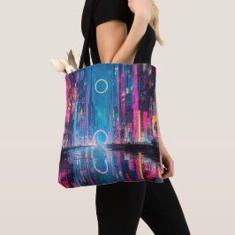Futuristic Vibrant Neon Night Cityscape Tote Bag