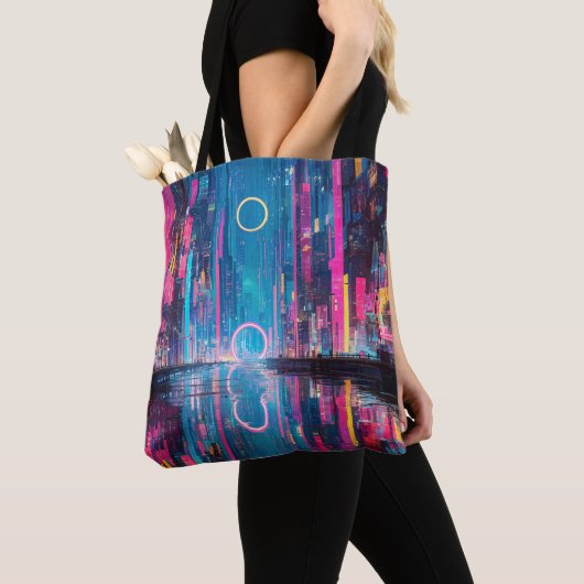 Futuristic Vibrant Neon Night Cityscape Tote Bag (Dichtbij)