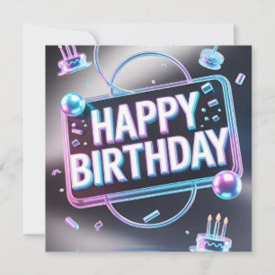 Futuristisch 3D "Happy Birthday" Neon Bord Feestdagenkaart