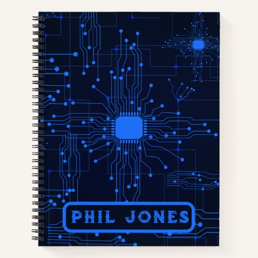 Futuristisch blauw printplaatpatroon notitieboek (Voorkant)