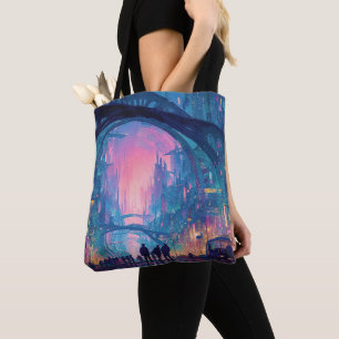 Futuristisch cyberpunk-stadsgezicht met gloeiende tote bag