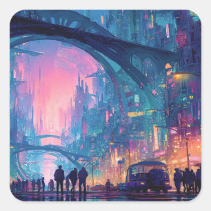 Futuristisch cyberpunk stadslandschap met gloeiend vierkante sticker