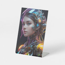 futuristisch cyborg meisje reclamebord met voetstuk