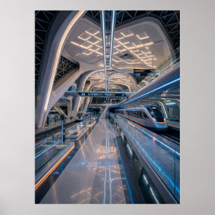 Futuristisch hoogsnelheidsstation poster