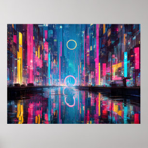 Futuristisch Levendig Neon Nacht Stadsschap Poster