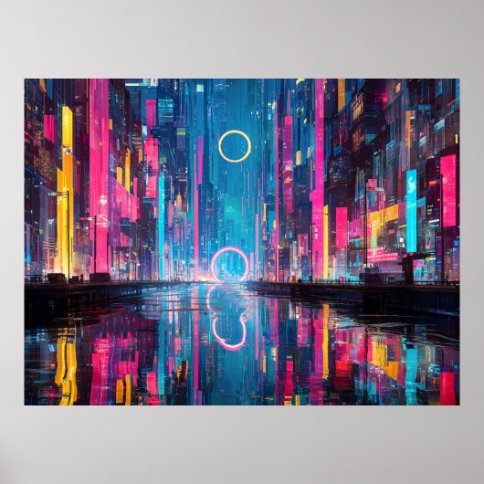 Futuristisch Levendig Neon Nacht Stadsschap Poster (Voorkant)