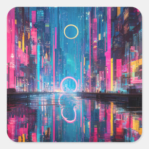 Futuristisch Levendig Neon Nacht Stadssilhouet Vierkante Sticker