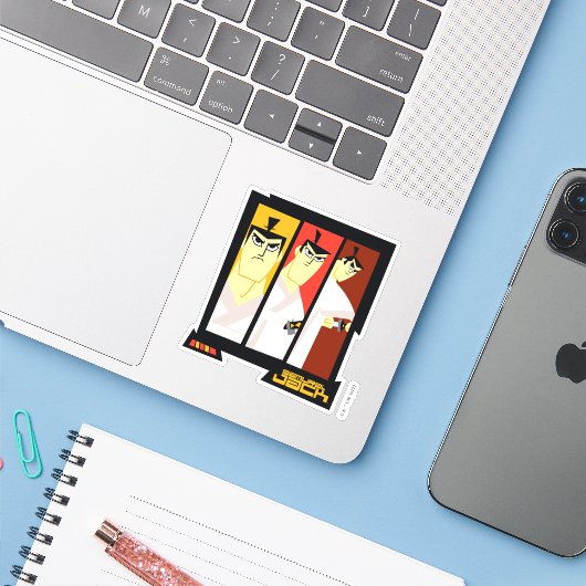Futuristisch Lijst met Samurai Jack-teken op drie  Sticker (Laptop met iPhone)