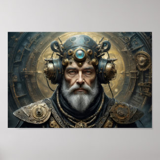 Futuristisch man, steampunk pantser en psycho helm poster