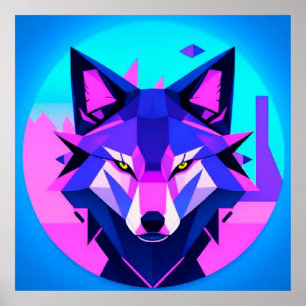 Futuristisch neon wolfengezicht in geometrische ku poster