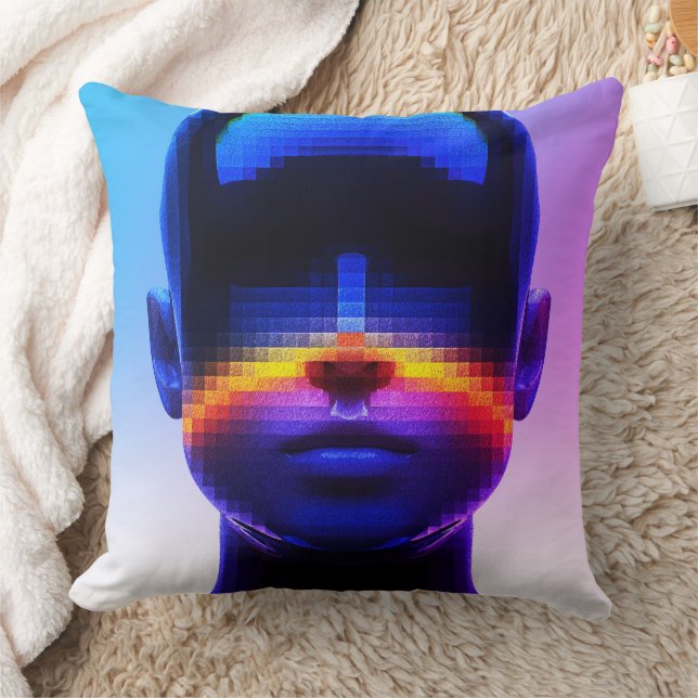 Futuristisch Pixel Art Portret – Digitaal Abstract Kussen (Deken)