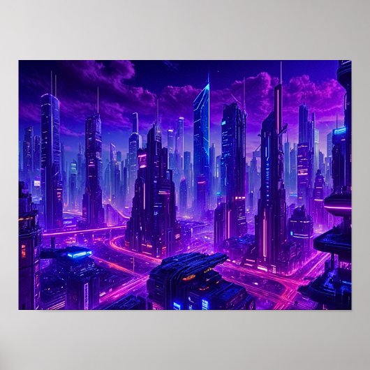 Futuristisch stadsbeeld bij nacht poster (Voorkant)