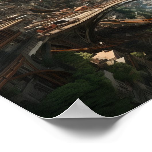 Futuristisch stadsbeeld: vliegende auto's en motor poster (Hoek)