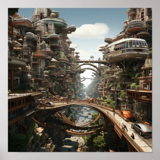 Futuristisch stadsbeeld: vliegende auto's en motor poster (Voorkant)