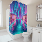 "Futuristisch stadsgezicht zwembad met neonlichten Douchegordijn (In situ)