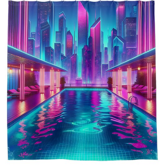 "Futuristisch stadsgezicht zwembad met neonlichten Douchegordijn (Voorkant)