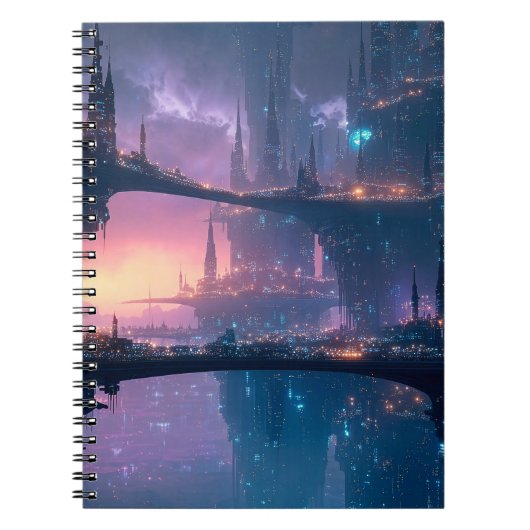 Futuristisch stadslandschap bij schemering notitieboek (Voorkant)