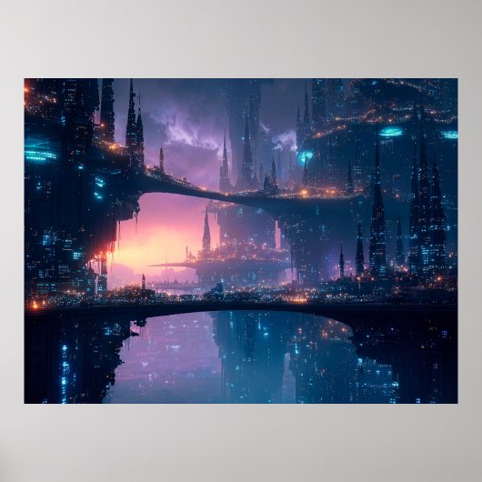 Futuristisch stadslandschap bij schemering poster (Voorkant)