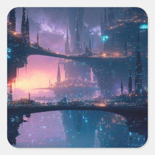 Futuristisch stadslandschap bij schemering vierkante sticker