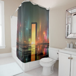 Futuristisch stadslandschap met neonreflecties douchegordijn
